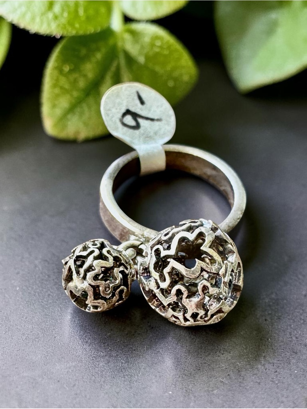 Rare Vintage 925 Sterling Silver Double Dangling Filigree Orb Ring